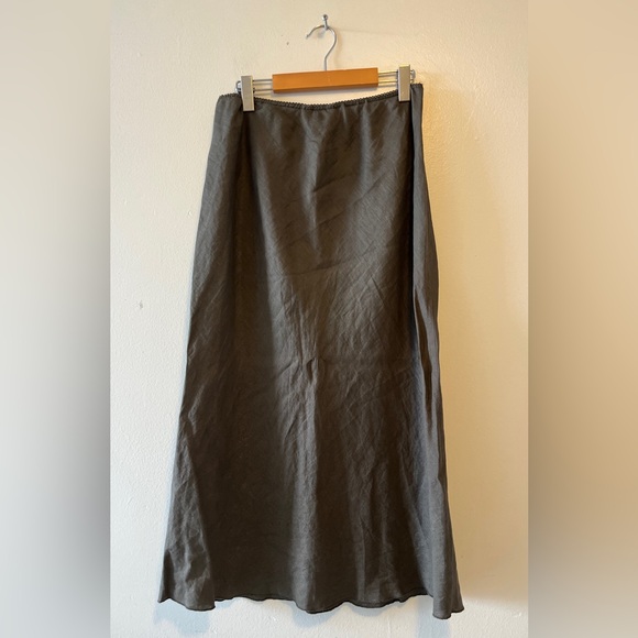 Brooks Brothers Olive Green 100% Bias Cut Linen Midi Skirt Sz Large Lightweight - Picture 3 of 9